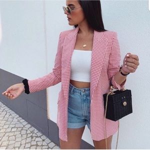 Zara Pink/White Gingham Oversized Blazer EUC